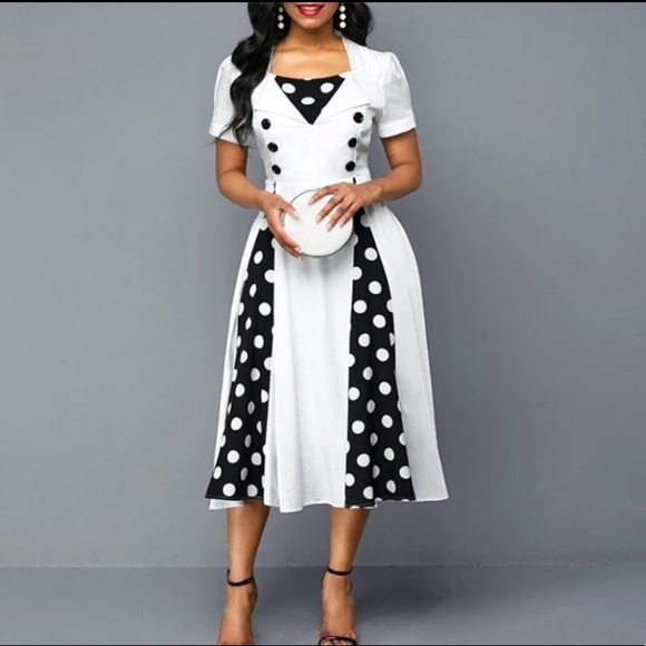 Retro Pin Up Polka Dot Dress White Navy Blue - Picture 1 of 10